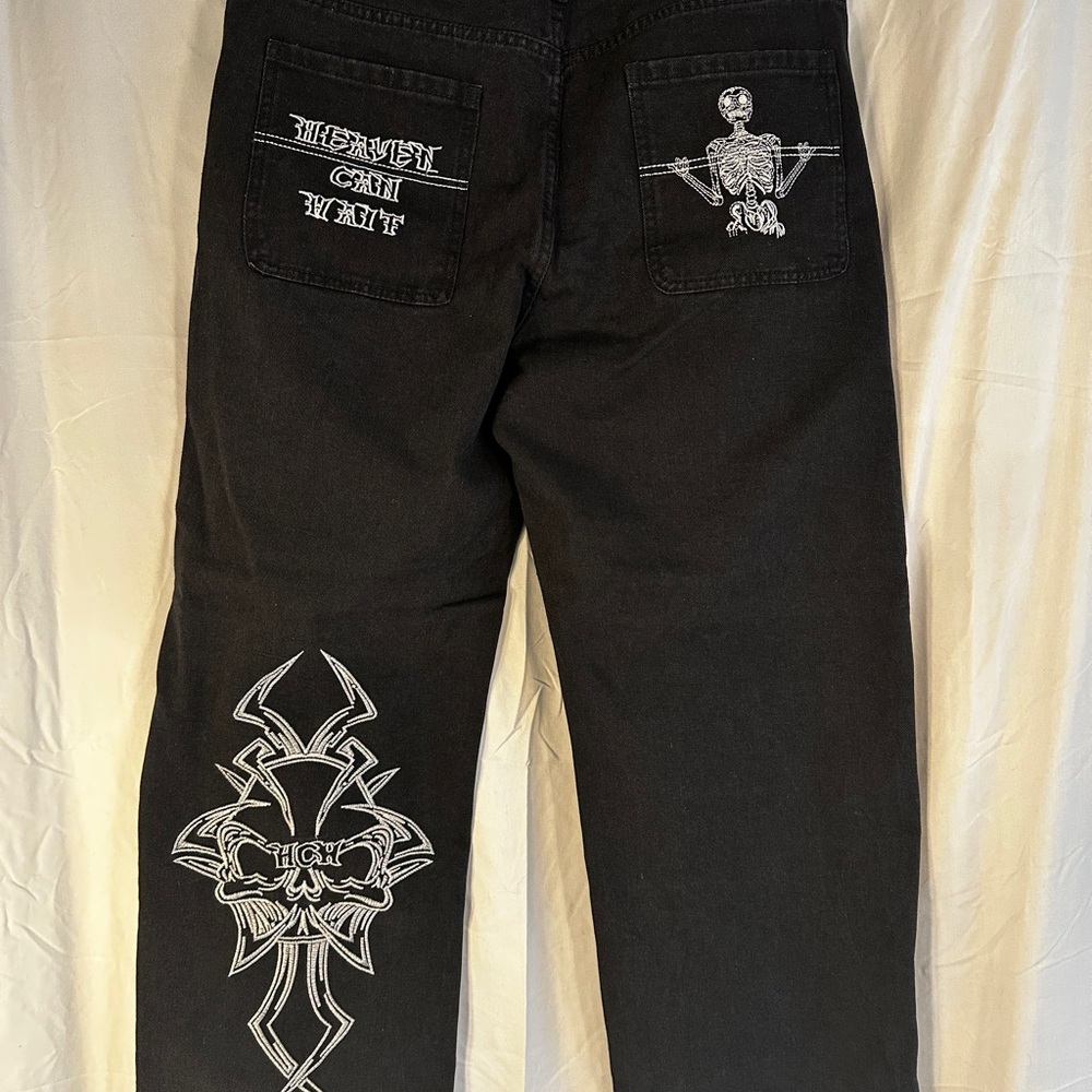 Gothic Black Denim Jeans w/Embroidery| Alternative Streetwear | XL